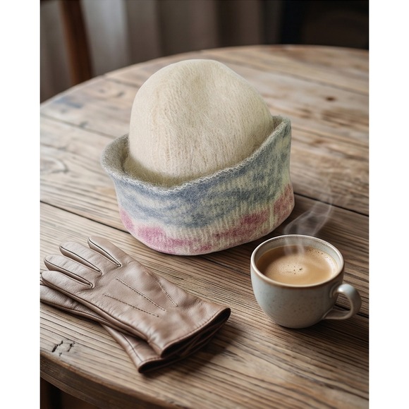 Vintage Samband of Iceland Wool Hat Fair Isle Knit Beanie Cap Cream Blue Pink main image 4